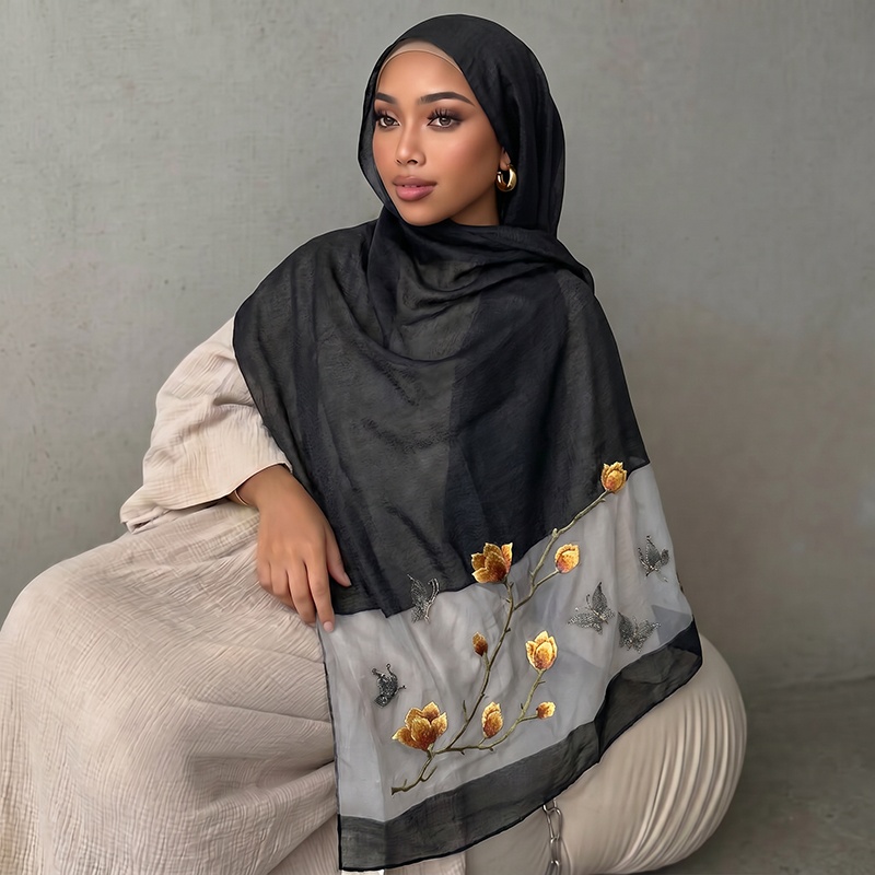 スカーフプリントヒジャブバンダナシルクスカーフ女性用ヘッドス - Embroidery Shawl のレビューと価格